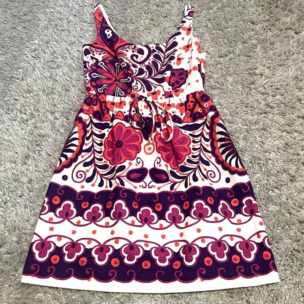 Trina Turk White Purple Floral Sleeveless A-Line Mini Dress Womens 4 Tie Waist